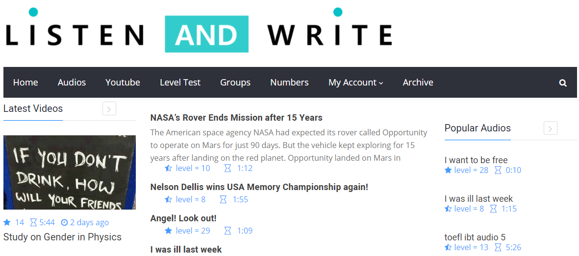 Giao diện website Listen and Write - web luyện nghe chép chính tả tiếng Anh miễn phí