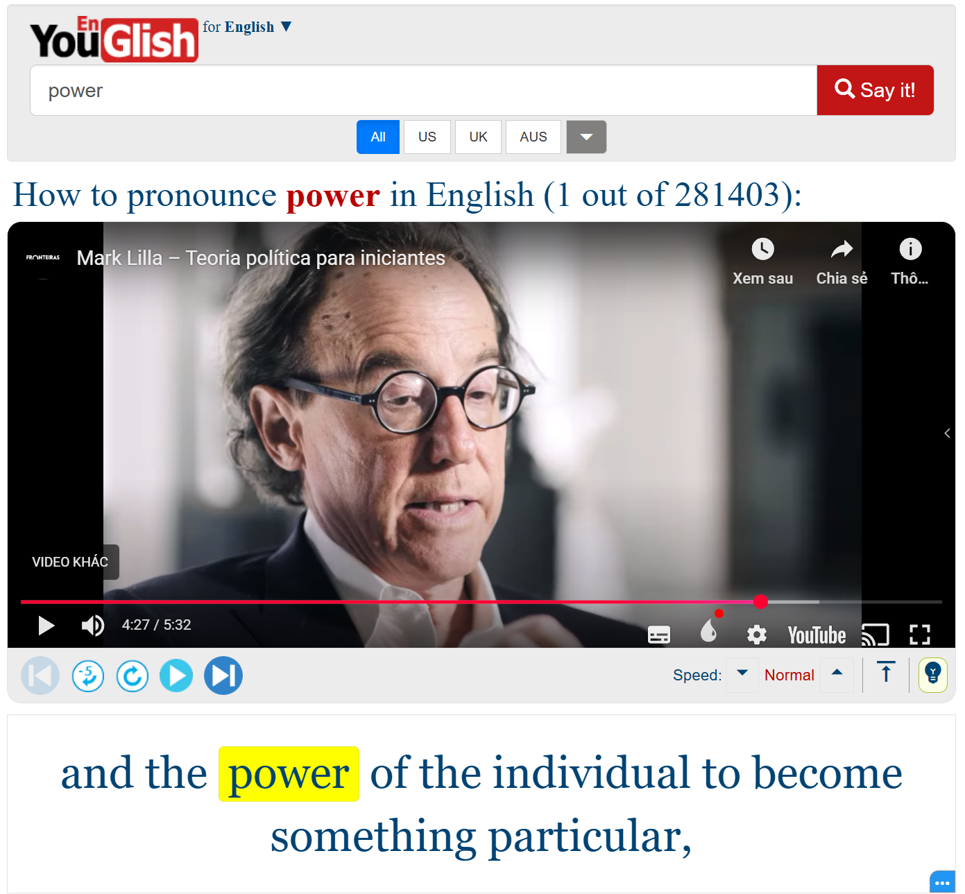 YouGlish giúp bạn học phát âm Tiếng Anh với ngữ cảnh thực tế